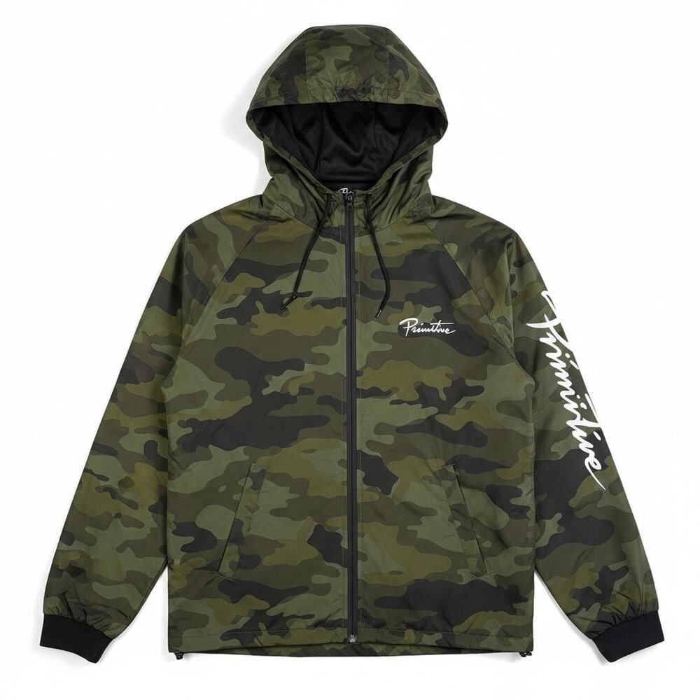 Primitive Mens Script Camo Hooded Full Zip Windbreaker Jacket Green S Streetwear